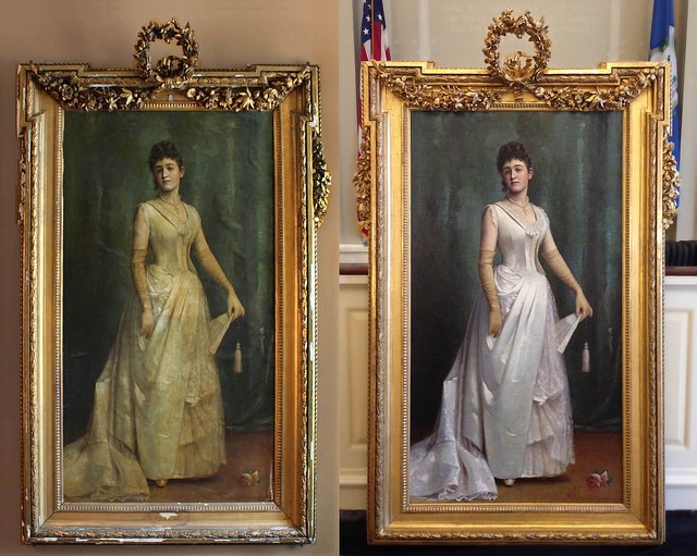 Before and after example of the frame restoration of the portrait of Miss Caroline Welton